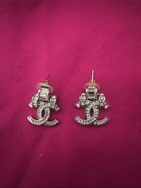 CHANEL Silver-Tone Crystal Double C Drop Earrings